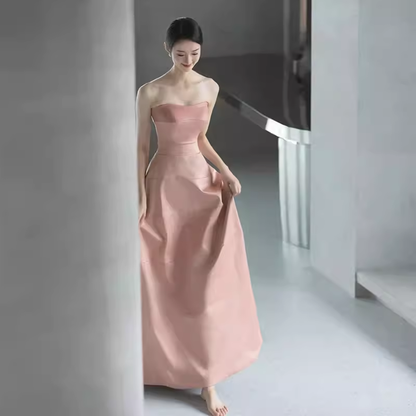 Einfaches Trägerloses Pinkfarbenes Langes Ballkleid P1368