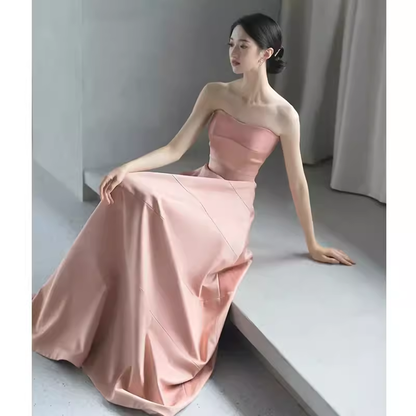 Einfaches Trägerloses Pinkfarbenes Langes Ballkleid P1368