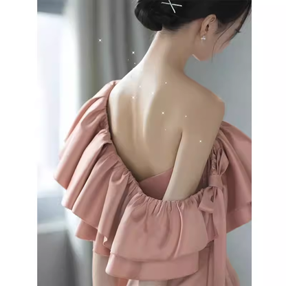 Einfaches Trägerloses Pinkfarbenes Langes Ballkleid P1368