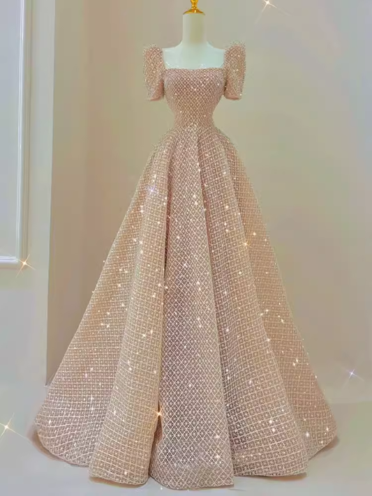 Sparkle A line Square Neckline Sequin Pink Long Prom Dress P1369