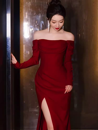 Schlichtes Meerjungfrau-Abendkleid mit Carmen-Ausschnitt, lang, rot P1422