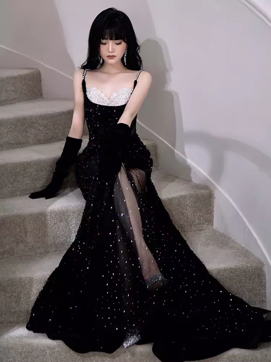 Modest Mermaid Straps Sleeveless Long Black Sequin Prom Dress P1425