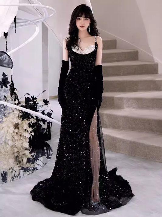 Modest Mermaid Straps Sleeveless Long Black Sequin Prom Dress P1425