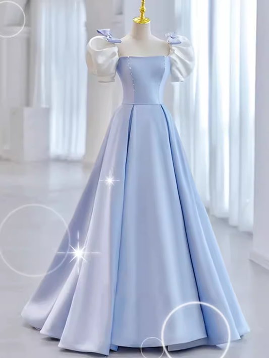 Modest Princess Short Sleeves Long Blue Satin Prom Dress P1426