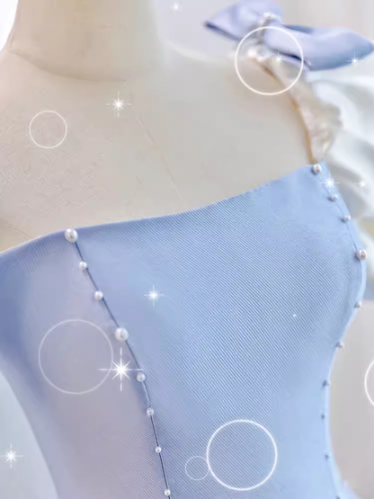 Bescheidenes Prinzessin-Kleid mit kurzen Ärmeln, langes blaues Satin-Ballkleid P1426