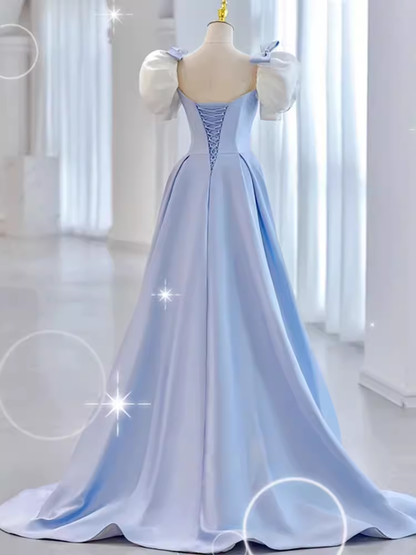 Modest Princess Short Sleeves Long Blue Satin Prom Dress P1426 – PreppyDress