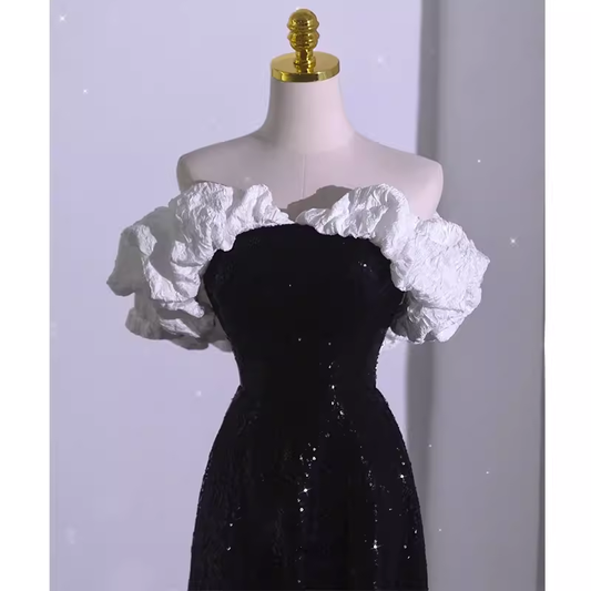 Sexy A line Off The Shoulder Long Black Sequin Prom Dress P1534