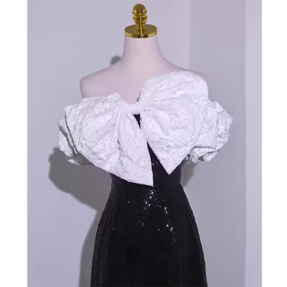 Sexy A-Linie Off-Shoulder Langes Schwarzes Pailletten-Ballkleid P1534