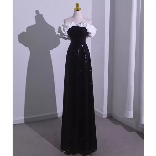 Sexy A line Off The Shoulder Long Black Sequin Prom Dress P1534