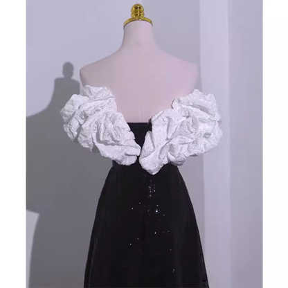 Sexy A-Linie Off-Shoulder Langes Schwarzes Pailletten-Ballkleid P1534