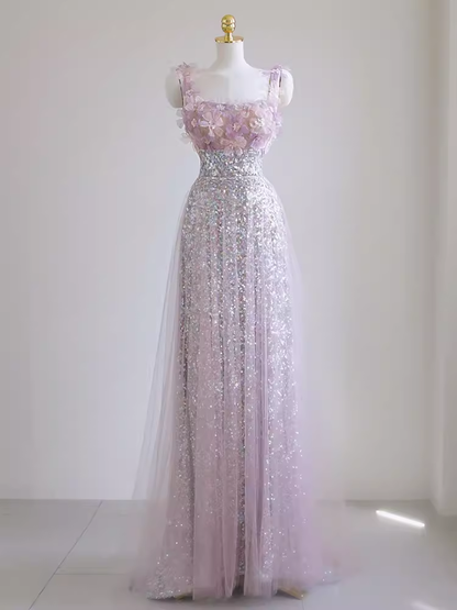 Sexy A-Linien-Träger-Ballkleid aus lila Pailletten P1532
