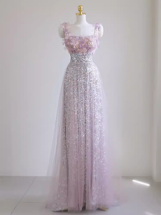 Sexy A line Straps Lilac Sequin Prom Dress P1532
