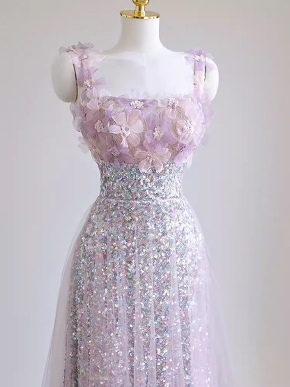 Sexy A-Linien-Träger-Ballkleid aus lila Pailletten P1532