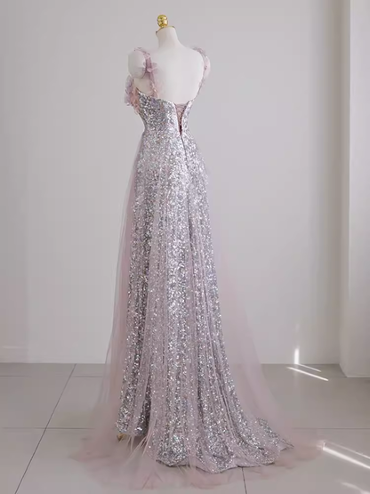 Sexy A-Linien-Träger-Ballkleid aus lila Pailletten P1532
