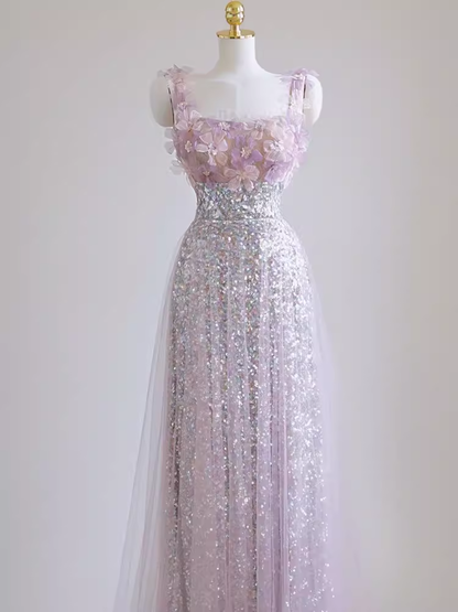 Sexy A-Linien-Träger-Ballkleid aus lila Pailletten P1532
