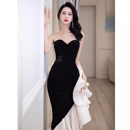 Sexy Meerjungfrau Trägerloses Langes Schwarzes Pailletten-Ballkleid P1533