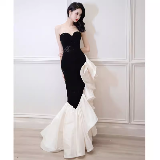 Sexy Mermaid Strapless Long Black Sequin Prom Dress P1533