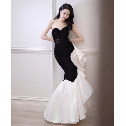 Sexy Meerjungfrau Trägerloses Langes Schwarzes Pailletten-Ballkleid P1533