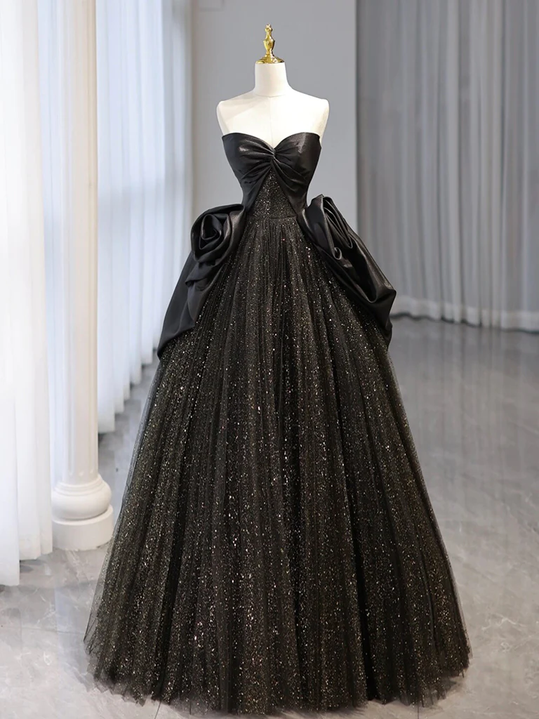 Ball Gown Black Sweetheart Neck Satin Tulle Long Prom Dress P1577