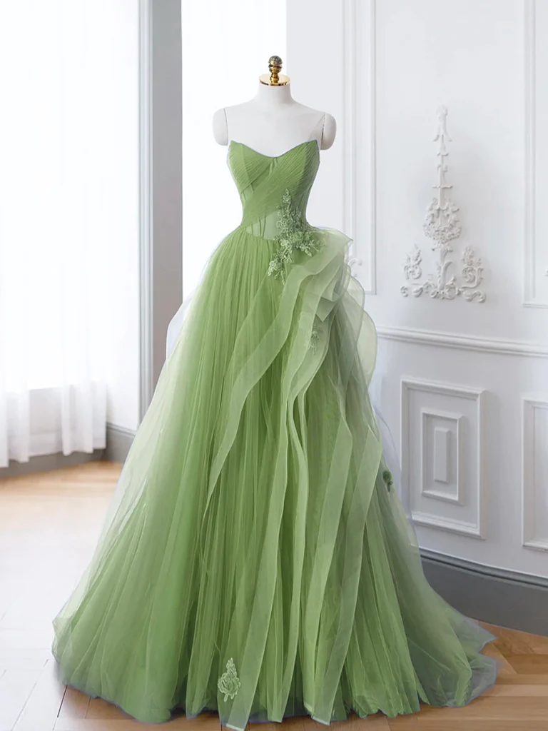 A-Line Tulle Lace Sage Green Long Prom Dress P1578