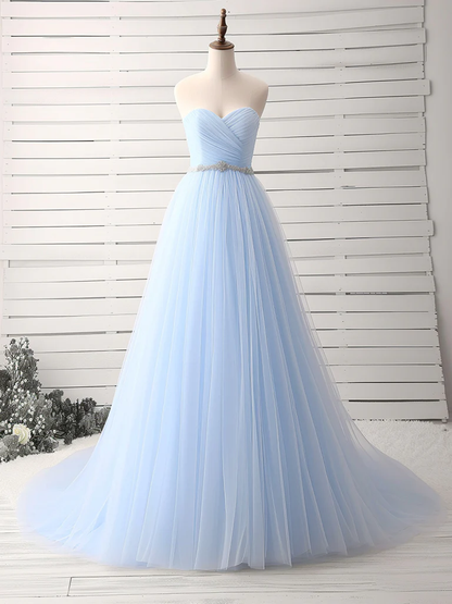 A-Line Sweetheart Neck Tulle Light Sky Blue Long Prom Dress P1579   PreppyDress