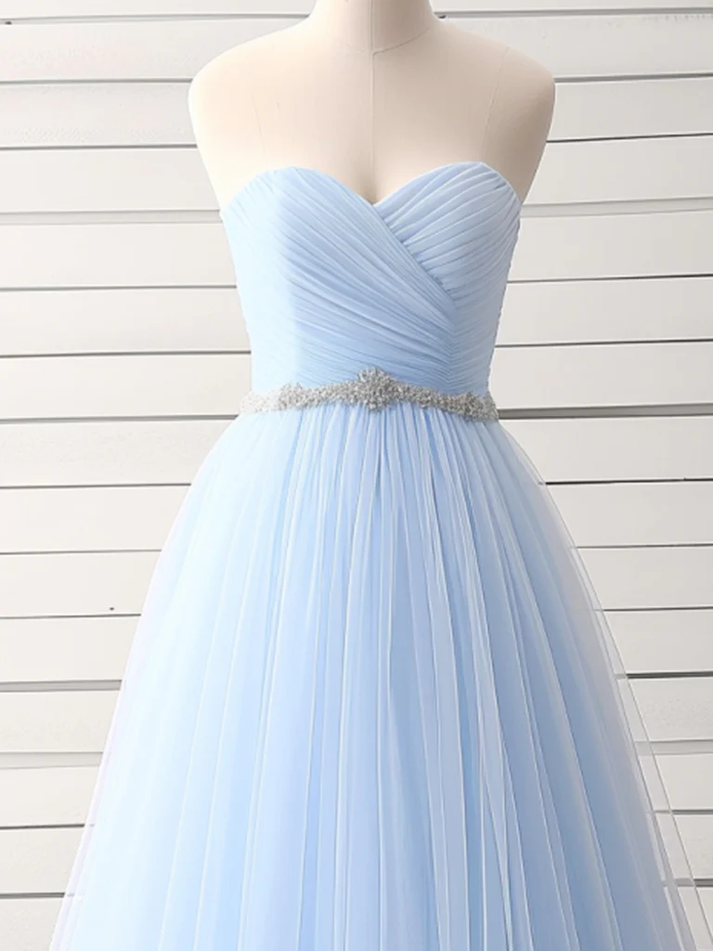 Sky Blue A-Line Tiered Sequins Tulle Long Prom Dress