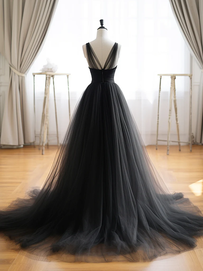 Robe longue de bal noire en tulle col en V coupe trapèze P1582