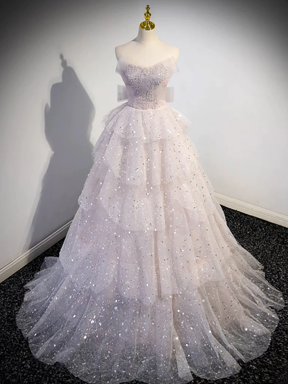 Robe de soirée bustier longue en tulle à sequins rose clair P1583