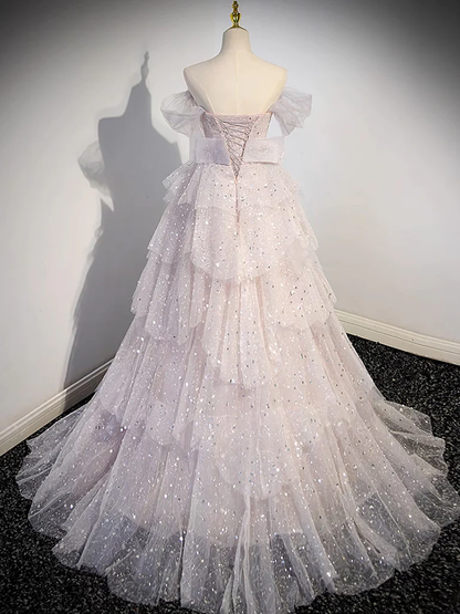 Robe de soirée bustier longue en tulle à sequins rose clair P1583