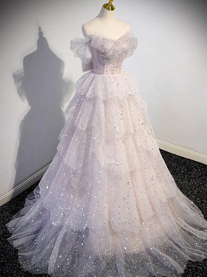 Robe de soirée bustier longue en tulle à sequins rose clair P1583