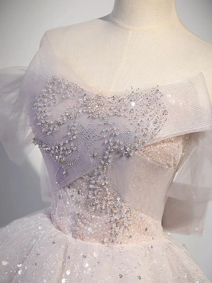 Robe de soirée bustier longue en tulle à sequins rose clair P1583