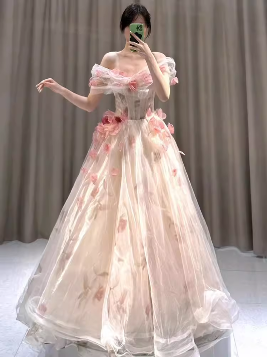 Ball Gown Strapless Champagne Floral Prom Dress Long Party Dresses P1606