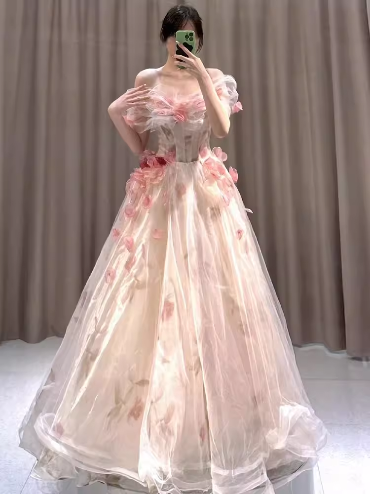 Ball Gown Strapless Champagne Floral Prom Dress Long Party Dresses P16 – PreppyDress