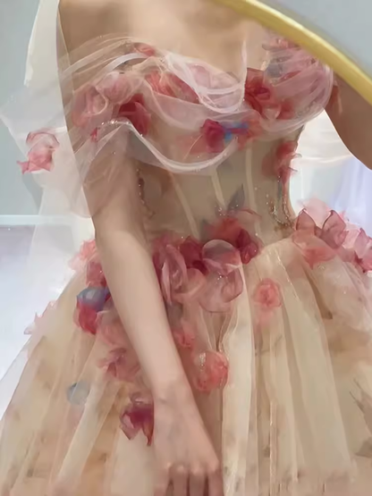 Robe de soirée bustier longue couleur champagne à motif floral P1606