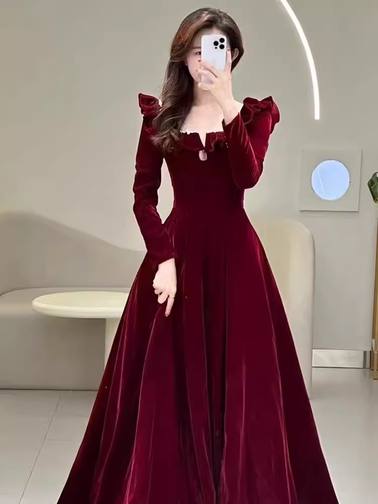 A line Burgundy Velvet Long Prom Dress Party Dresses P1611 – PreppyDress