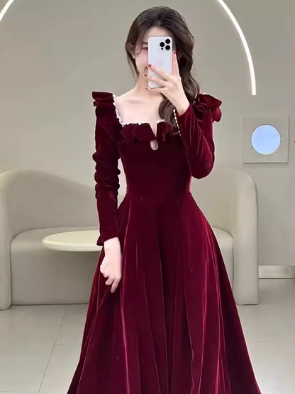 Robe de soirée longue trapèze en velours bordeaux P1611