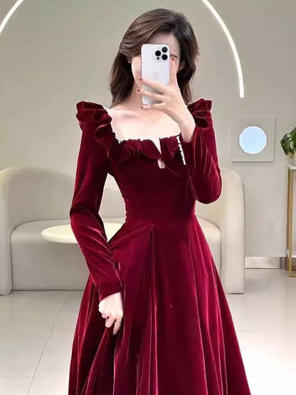 Robe de soirée longue trapèze en velours bordeaux P1611