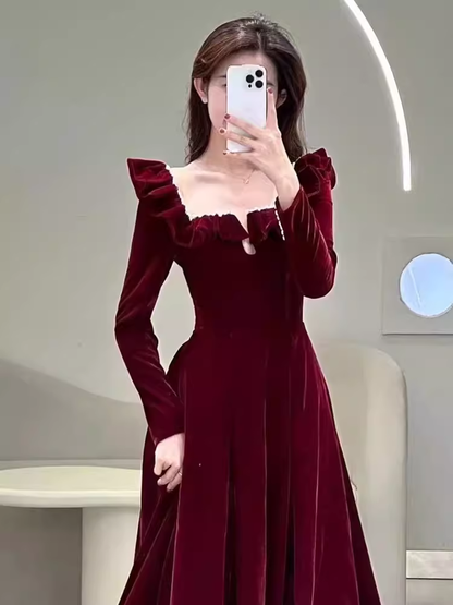 Robe de soirée longue trapèze en velours bordeaux P1611