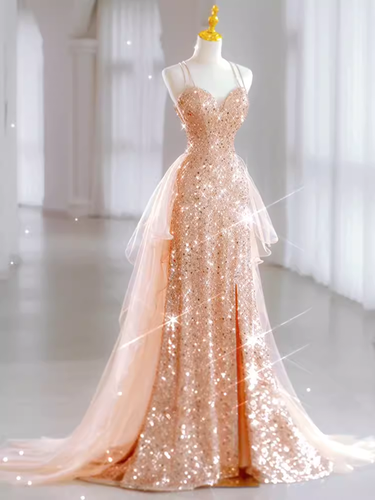 Sparkly Sheath Champagne Sequin Long Prom Dress Party Dresses P1614