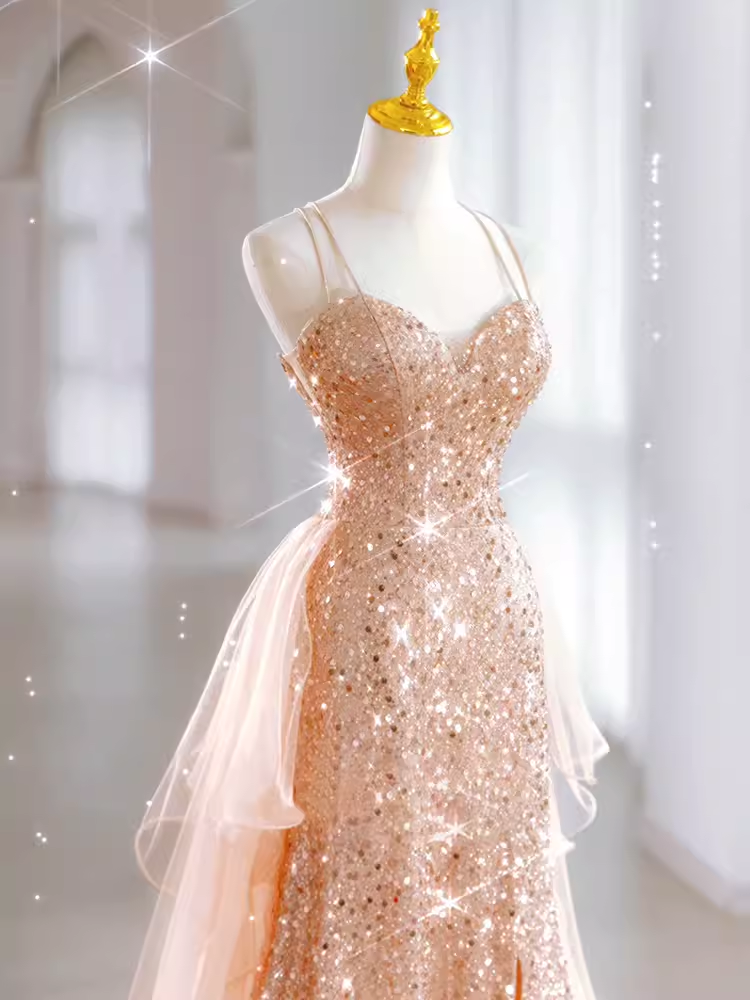 Sparkly Sheath Champagne Sequin Long Prom Dress Party Dresses P1614 – PreppyDress