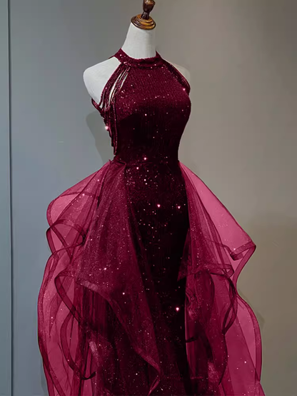 Sparkly Sheath Burgundy Sequin Long Prom Dress Party Dresses P1612