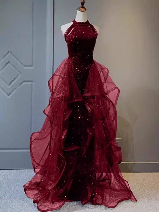 Burgundy Evening Gowns Sheath High-Neck Long Sleeves Sequins Split Prom Dresses