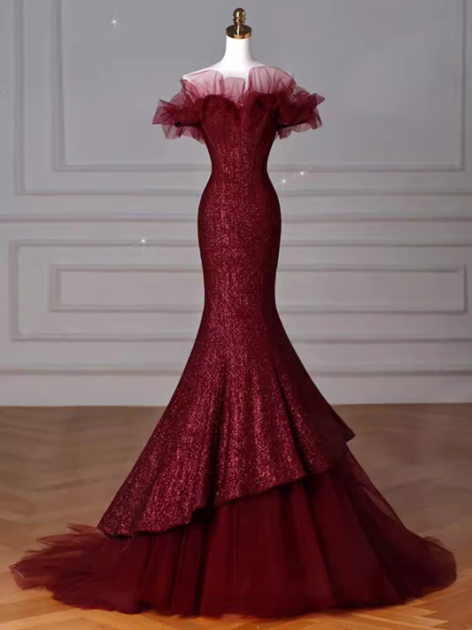 Sparkly Mermaid Burgundy Sequin Long Prom Dress Party Dresses P1613