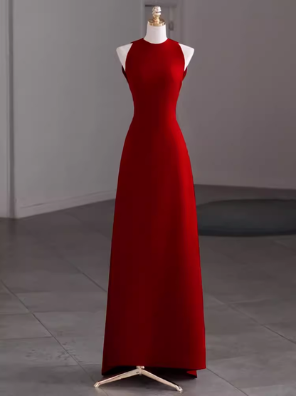 Einfaches rotes bodenlanges A-Linien-Ballkleid mit offenem Rücken P1704