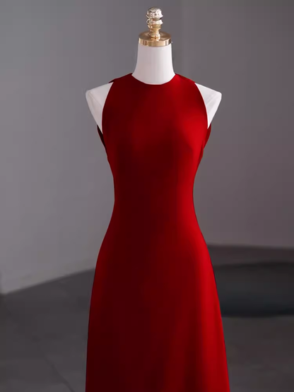 Einfaches rotes bodenlanges A-Linien-Ballkleid mit offenem Rücken P1704
