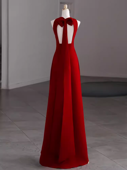 Einfaches rotes bodenlanges A-Linien-Ballkleid mit offenem Rücken P1704