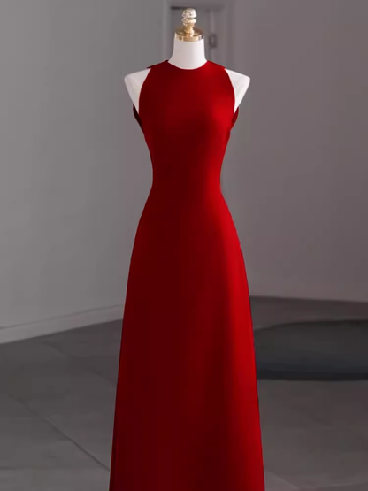 Einfaches rotes bodenlanges A-Linien-Ballkleid mit offenem Rücken P1704