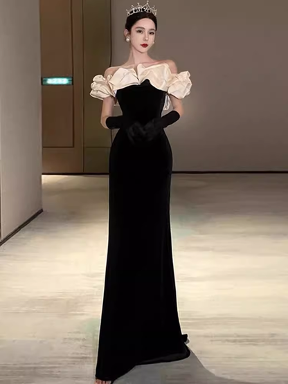 Sexy Mermaid Off The Shoulder Black Velvet Floor Length Prom Dress P1709