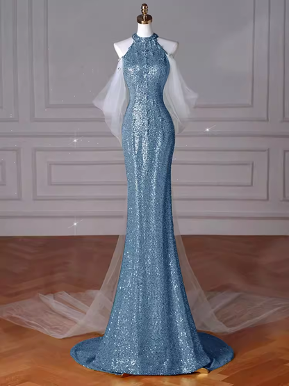 Sexy Meerjungfrauen-Neckholder Pailletten Blau Bodenlanges Ballkleid P1710