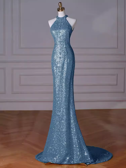 Sexy Meerjungfrauen-Neckholder Pailletten Blau Bodenlanges Ballkleid P1710